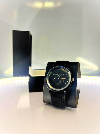 TOMI-Black Stunning Dial with Leather Strap in Black