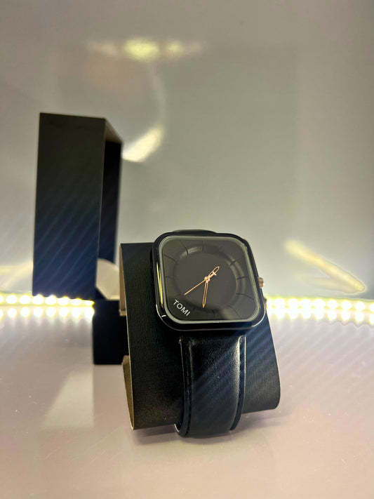 TOMI-Square Blacky Dial With Leather Black Strap