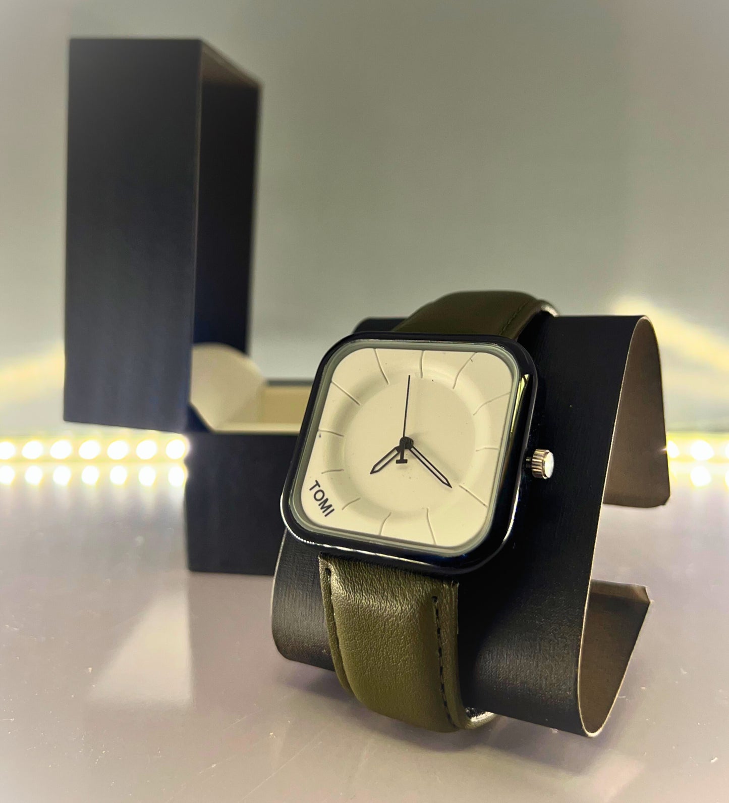 TOMI-Square White Dial With Elegance Olive Green Leather Strap
