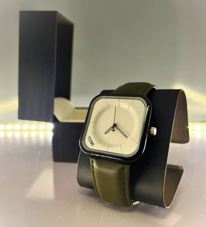 TOMI-Square White Dial With Elegance Olive Green Leather Strap