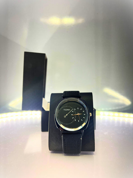 TOMI-Black Stunning Dial with Leather Strap in Black
