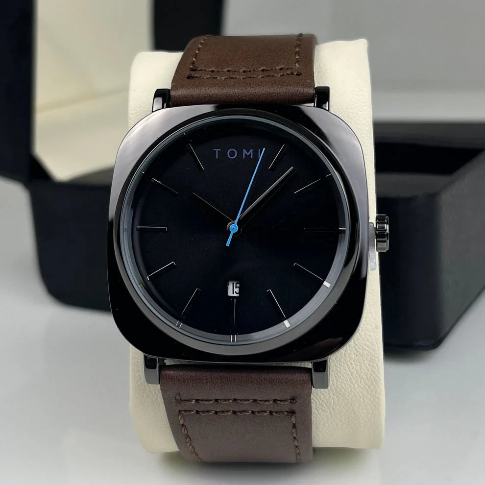 TOMI-Chromium Black Dial With Brown Leather Strap