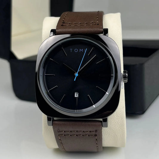 TOMI-Chromium Black Dial With Brown Leather Strap